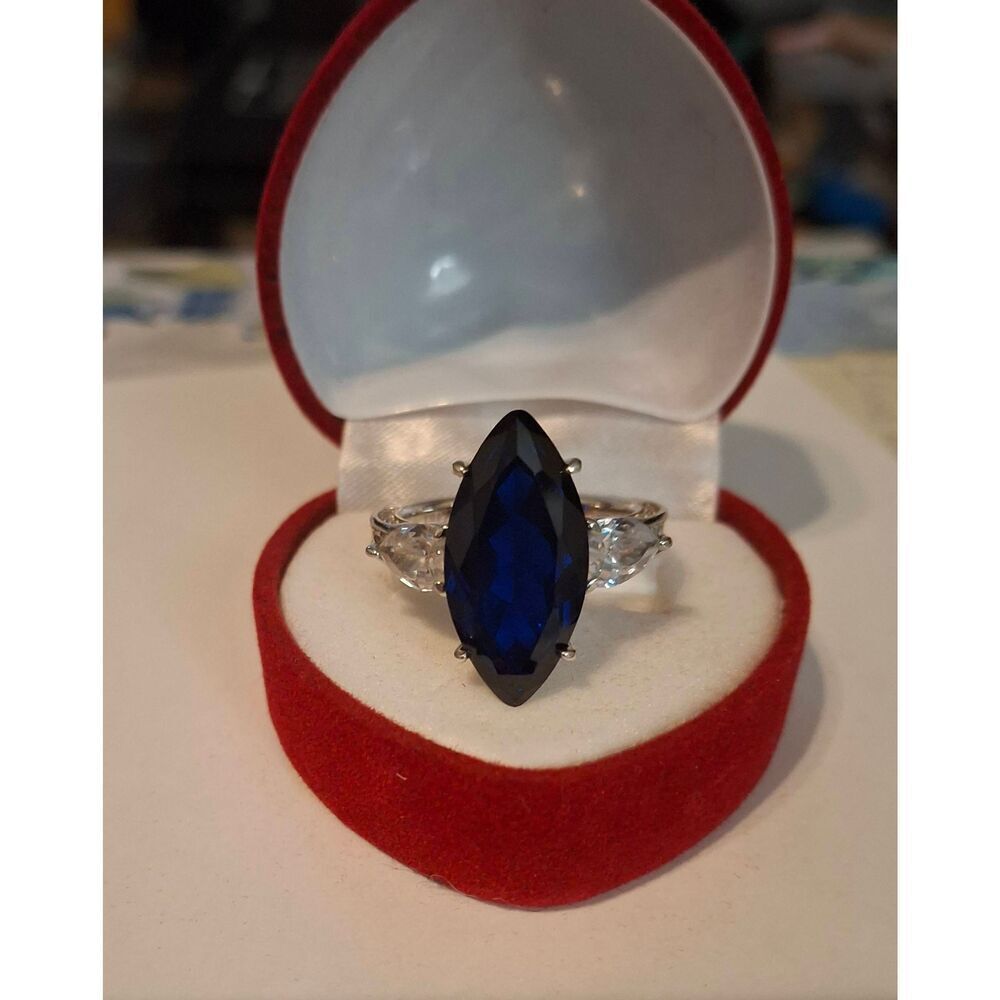 7 Ct. Marquise/Pear Cut Royal Blue & White Sapphire Statement Ring Sz 8